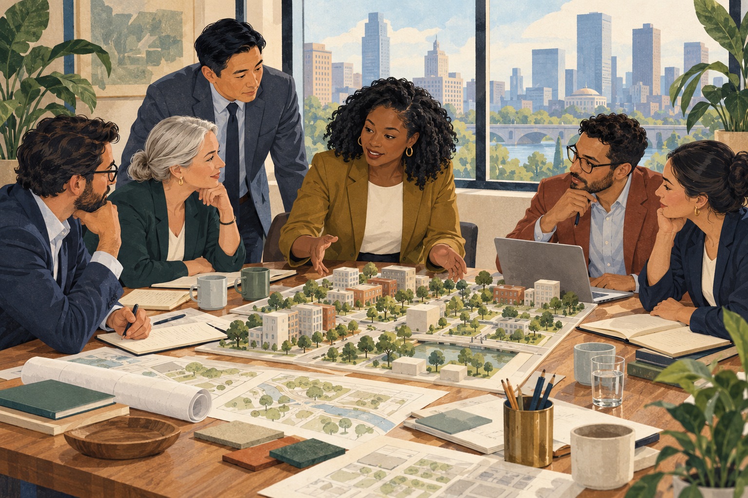 Editorial illustration of a planning team reviewing a neighborhood model